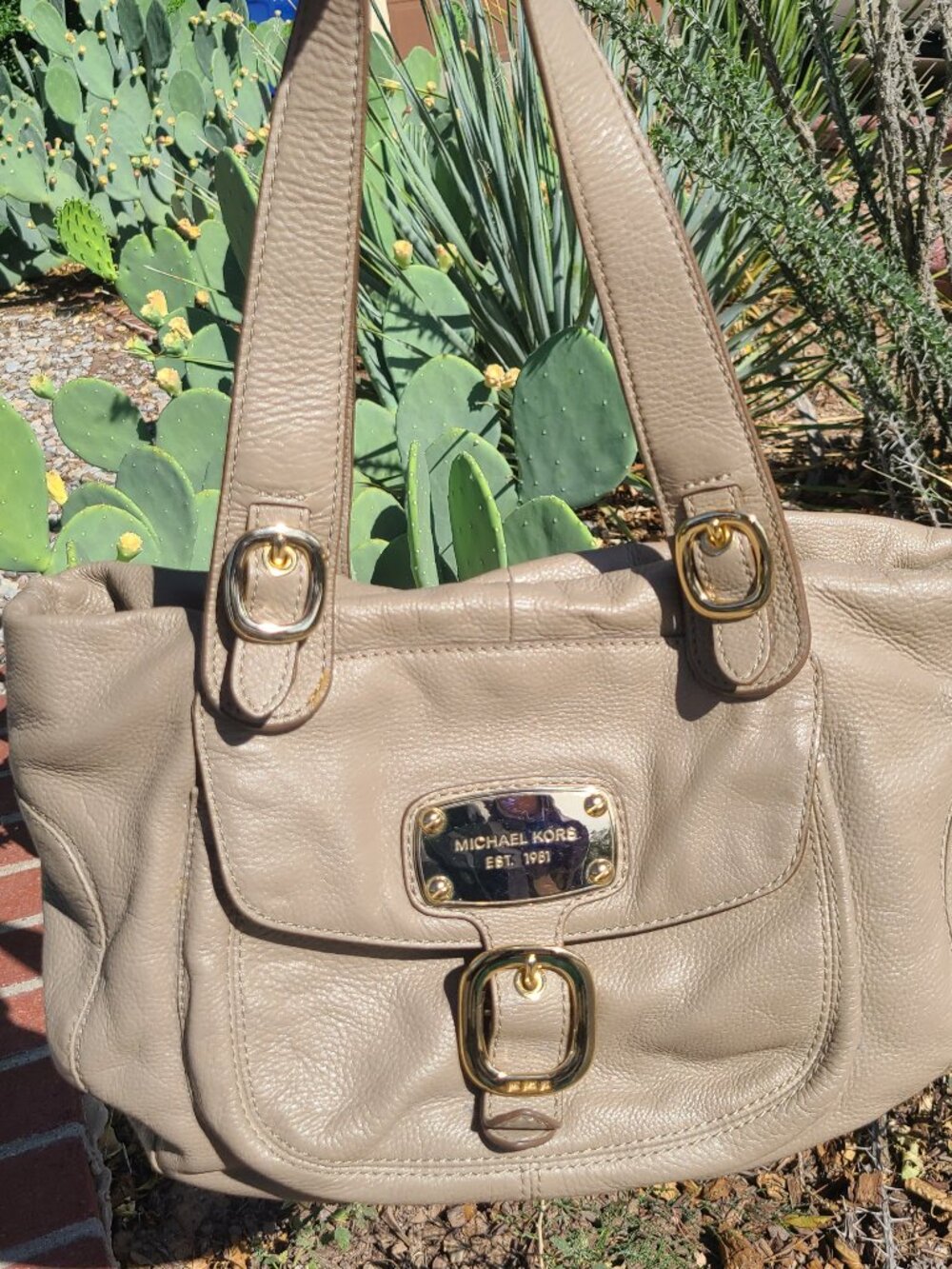 Vtg Michael Kors Brown Taupe Hudson Shoulder Bag Purse Tote Pebbled Leather